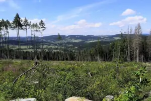 Výhled na Boubín, Javorník a blízké šumavské vesničky.
