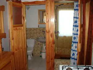 Pohled z kuchyně na samostatné WC s umyvadlem a do samostatného sprchového koutu