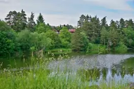 pohled na chatu Češkovice od rybníku