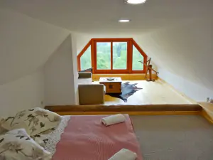 ložnice s dvojlůžkem a rozkládacím gaučem pro 2 osoby v podkroví
