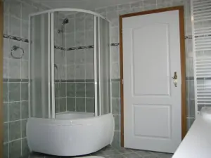 koupelna u ložnice v podkroví se sprchovým koutem, WC a umyvadlem