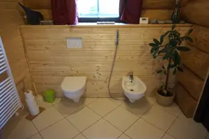 koupelna s parním hydromasážním boxem, WC, bidetem a umyvadlem