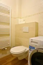 menší koupelna se sprchovým koutem, umyvadlem, WC a pračkou v přízemí