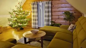apartmán č. 3 - obytná místnost s vánočním stromečkem