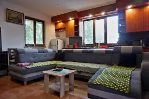 obývací místnost se sedací soupravou (možnost spaní pro 2 osoby), krbovými kamny, TV a jídelním a kuchyňským koutem
