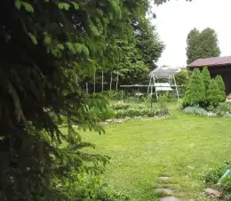 Pohled skrz zahradu k houpací lavici