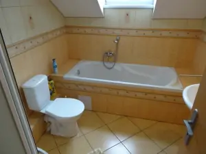 koupelna s vanou, sprchovým koutem, WC a umyvadlem v podkroví