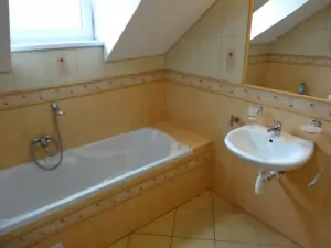 koupelna s vanou, sprchovým koutem, WC a umyvadlem v podkroví