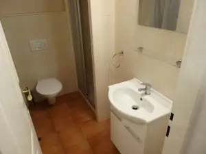 Koupelna v přízemí se sprchovým koutem, umyvadlem a WC
