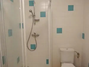 Koupelna se sprchovým koutem, WC a umyvadlem v přízemí 
