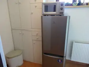 K dispozici je velká lednička s mrazničkou a mikrovlnná trouba