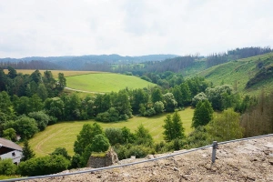 výhled z věže hradu do přírodní rezervace Údolí Brtnice