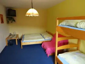 ložnice s dvojlůžkem, patrovou postelí a rozkládacím křeslem v přízemí
