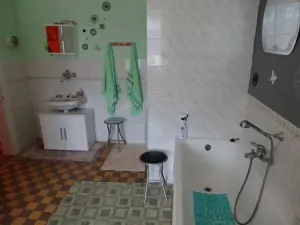 prostorná koupelna se sprchovým koutem, vanou a umyvadlem