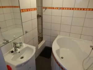 Koupelna je vybavena vanou, sprchovým koutem a umyvadlem