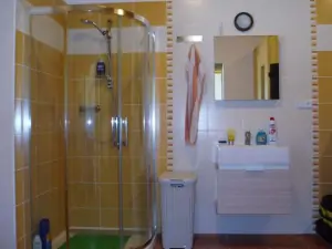 Sauna je součástí velké koupelny se sprchovým koutem a WC