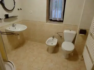 koupelna v podkroví se sprchovým koutem, WC, bidetem a umyvadlem
