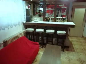 místnost s krbem a barovým pultem v suterénu