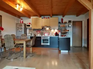 obytný pokoj s plně vybaveným kuchyňským koutem