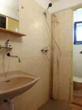 koupelna s ruční sprchou, umyvadlem a WC