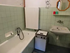 koupelna s vanou, sprchovým koutem, umyvadlem a malou pračkou