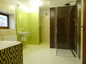 wellnes koupelna s vířivou vanou, finskou saunou, sprchovým koutem, WC a umyvadlem