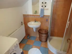 koupelna je vybavena sprchovým koutem, WC, pračkou a umyvadlem