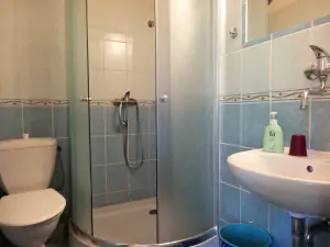 koupelna se sprchovým koutem, WC a umyvadlem u ložnice v přízemí