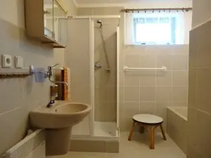 koupelna v přízemí s vanou, sprchovým koutem a umyvadlem