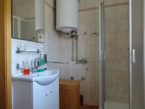 koupelna je vybavena sprchovým koutem, WC, umyvadlem a pračkou