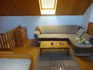 ložnice s gaučem, TV, 2 lůžky a přistýlkou