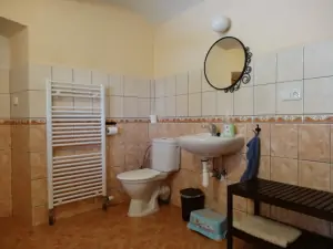 koupelna s rohovou vanou, WC a umyvadlem v přízemí