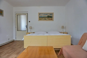 ložnice s dvojlůžkem, gaučem a TV