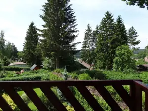 výhled z balkonu, částečně je mezi stromy vidět i vodní nádrž Seč