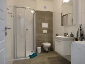 koupelna je vybavena sprchovým koutem, WC, umyvadlem a pračkou
