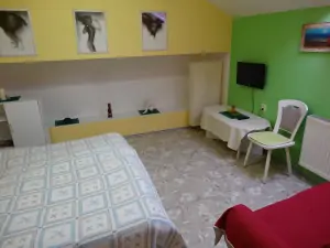 ložnice s dvojlůžkem a TV