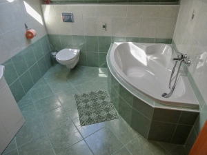2. část chalupy - koupelna s vanou, umyvadlem a WC v podkroví