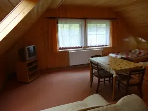 pokoj ze 4 lůžky, kuchyňským a jídelním koutem, gaučem a TV