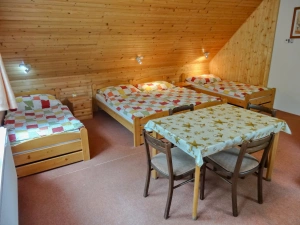 pokoj ze 4 lůžky, kuchyňským a jídelním koutem, gaučem a TV