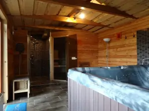 wellness místnost s vířivkou, saunou a sprchovým koutem