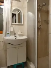 koupelna se sprchovým koutem, WC, umyvadlem a pračkou