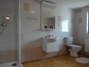 koupelna se sprchovým koutem, WC a umyvadlem (je součástí ložnice č. 6 v podkroví)
