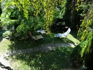 pohled z balkonu k malému zahradnímu jezírku