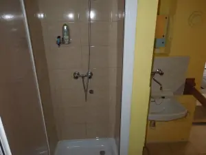 sprchový kout a umyvadlo v suterénu