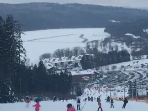 lyžařské středisko Lipno nad Vltavou - Kramolín je vzdáleno 6 km a dole zamrzlá plocha přehrady Lipno s dráhou pro bruslaře