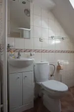 koupelna v prvním patře se sprchovým koutem, WC a umyvadlem