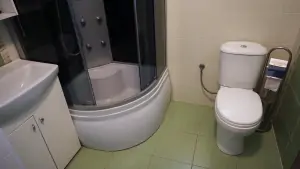 apartmán v přízemí č. 2: koupelna se sprchovým koutem, WC a umyvadlem