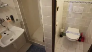 Valašský apartmán - koupelna se sprchovým koutem, WC a umyvadlem