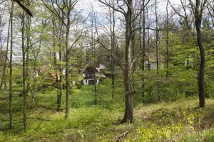 pohled na chatu Smržov z hráze rybníka Dvořiště