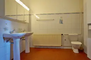 koupelna se sprchovým koutem, vanou, WC a 2 umyvadly v přízemí
